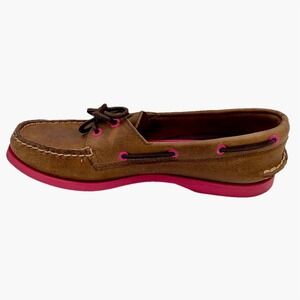 Sperry Top Sider Brown Leather Boat Shoes 2-Eye Hot Pink Trim Women 8.5M‎ Preppy
